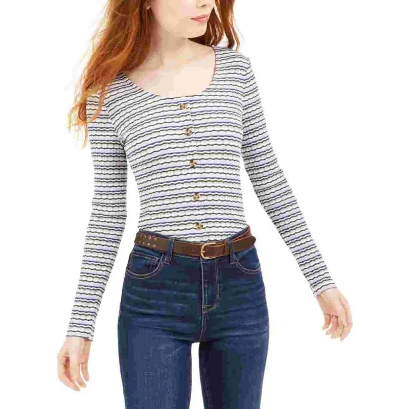 Hippie Rose Women's Striped Long Sleeve Scoop Neck Button Up Top Grey Size X-Small sold by Zulily