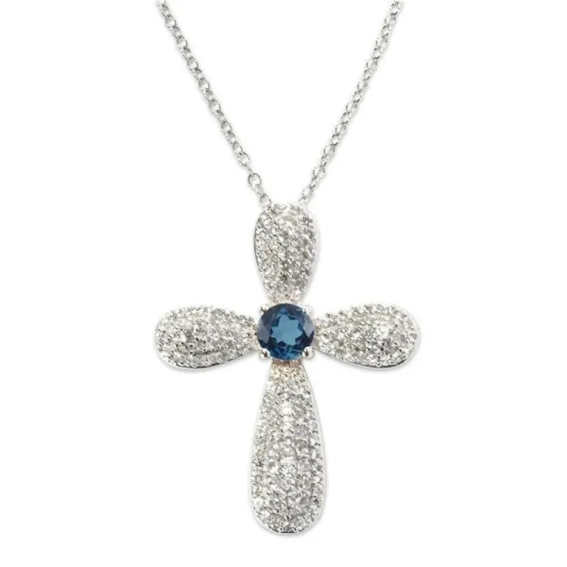 Sterling Silver with Natural London Blue Topaz and White Zircon Cross Pendant with 18 Inch Chain sold by Zulily