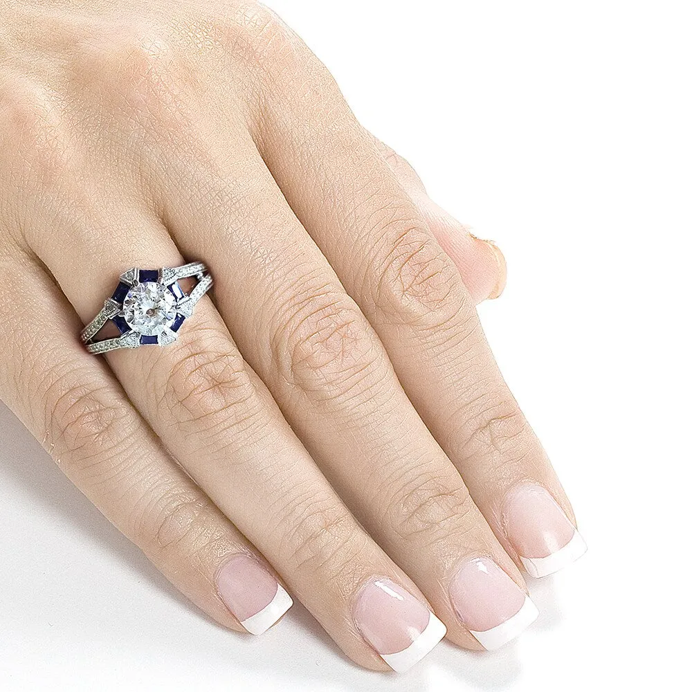 Annello by Kobelli 14k White Gold 1 3/5ct TGW Forever One DEF Moissanite, Baguette Sapphire. and Diamond Art Deco Ring sold by Zulily product image thumbnail 2