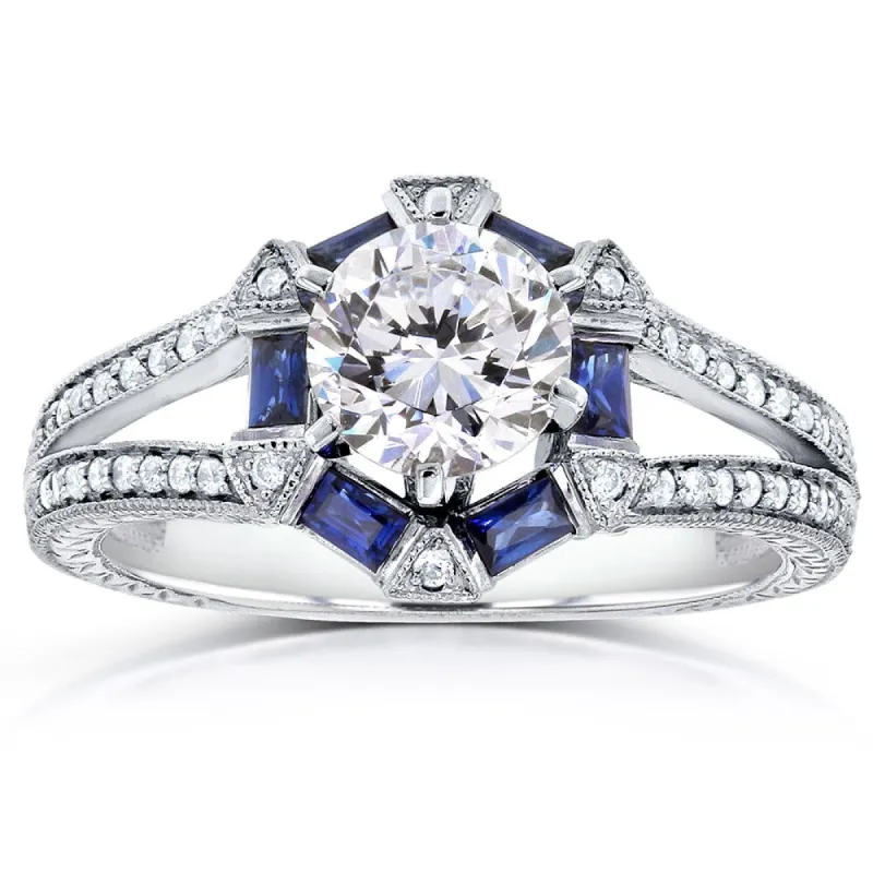 Annello by Kobelli 14k White Gold 1 3/5ct TGW Forever One DEF Moissanite, Baguette Sapphire. and Diamond Art Deco Ring sold by Zulily