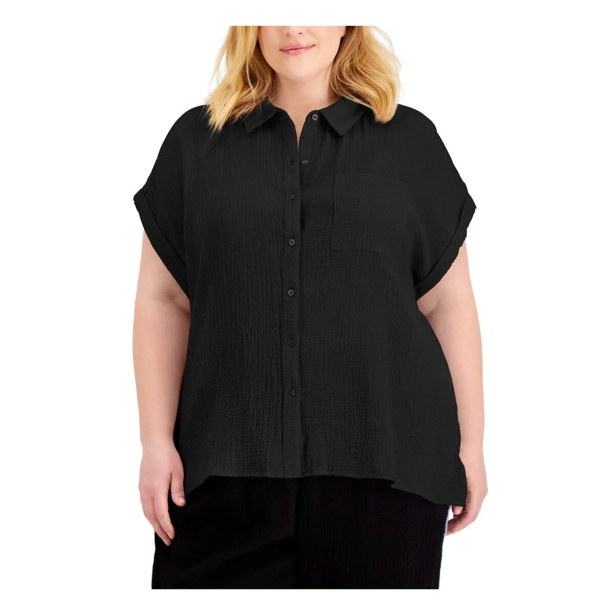 Calvin Klein Women's Stretch Point Collar Button Up Top Black Size 2X sold by Zulily