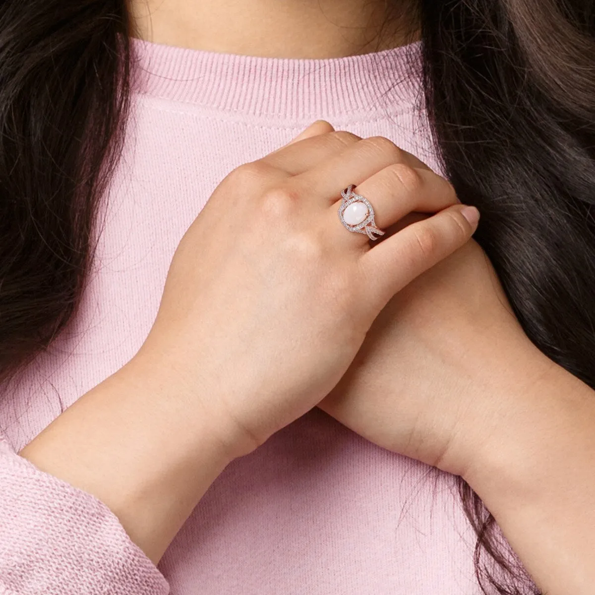 Miadora 10k Rose Gold Oval-cut Opal and 1/6ct TDW Diamond Halo Split Shank Engagement Ring sold by Zulily product image thumbnail 3