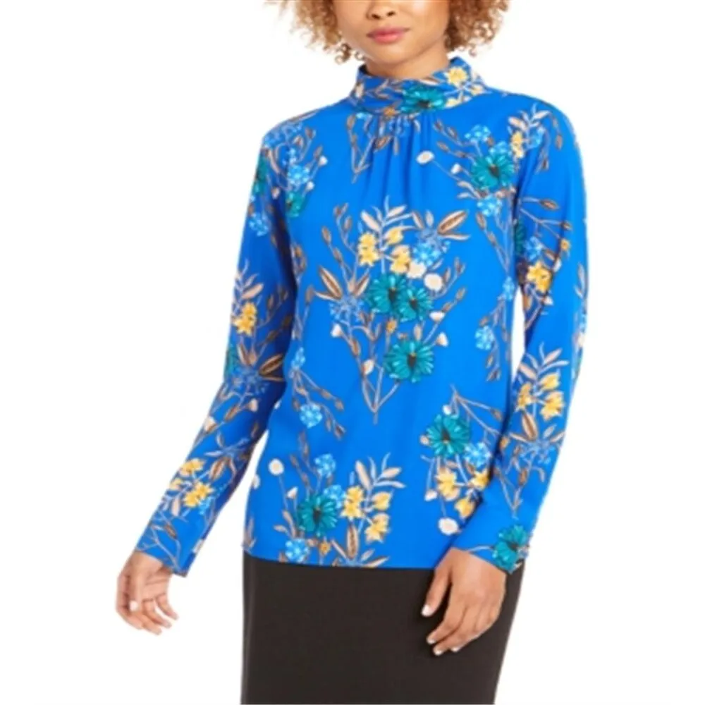 Calvin Klein Women's Floral Print Mock Neck Top Blue Size X-Large sold by Zulily