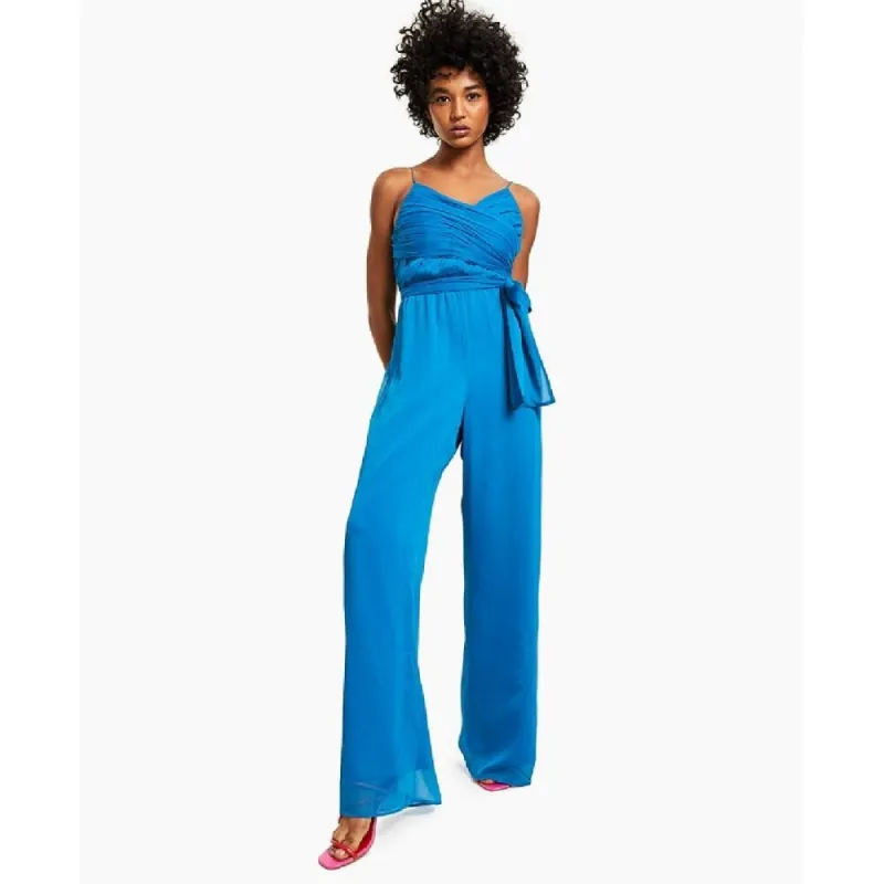 GUESS Women's Zippered Pleated Tie At Waist Smocked Back Spaghetti Strap Surplice Neckline Wide Leg Jumpsuit Blue Size Small sold by Zulily