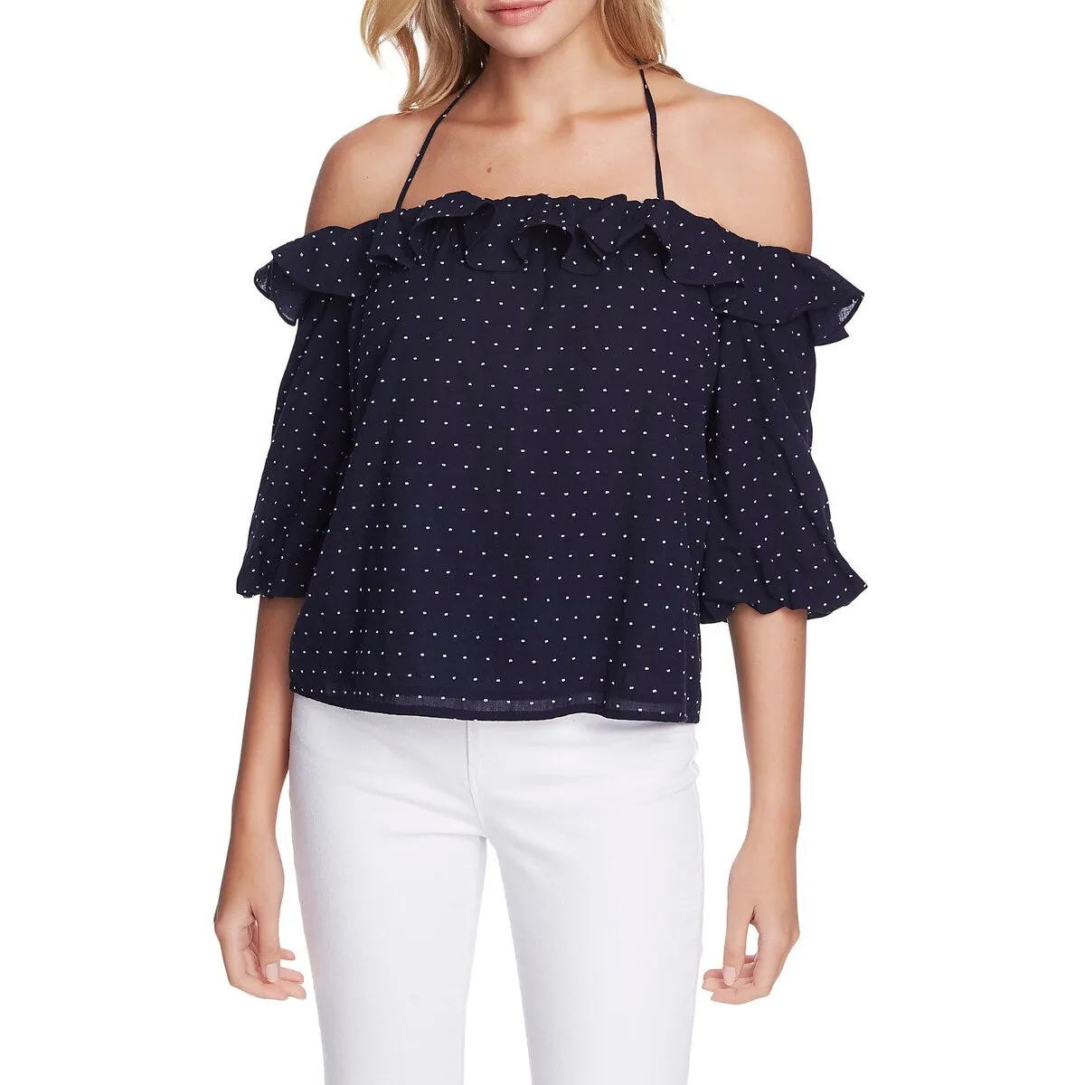 1.STATE Women's Ruffle Halter Neck Clip Dot Top Blue Size Large sold by Zulily