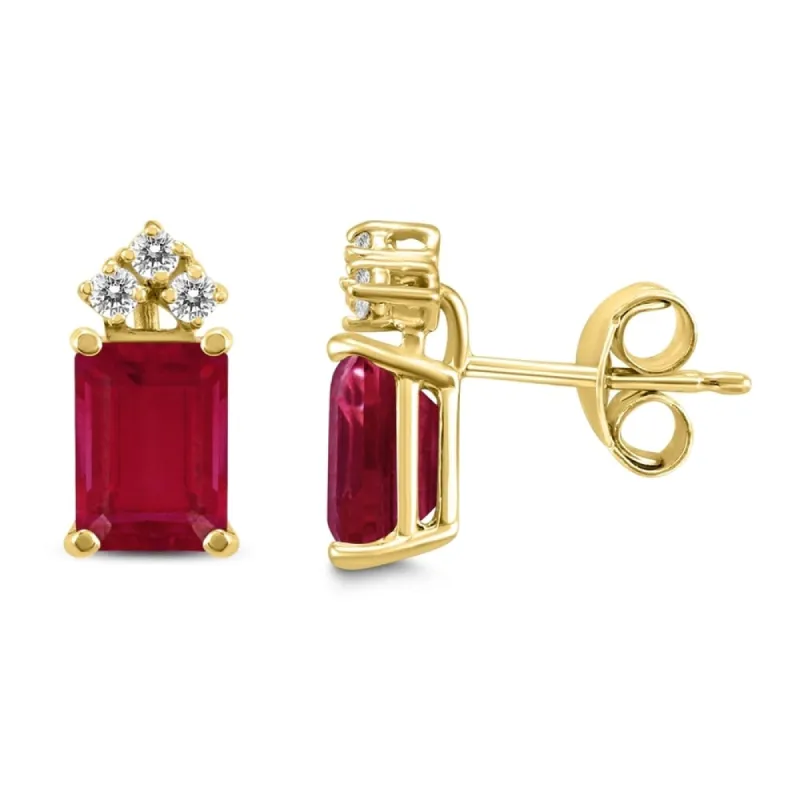 14K Yellow Gold 6x4MM Emerald Shaped Ruby and Diamond Earrings sold by Zulily
