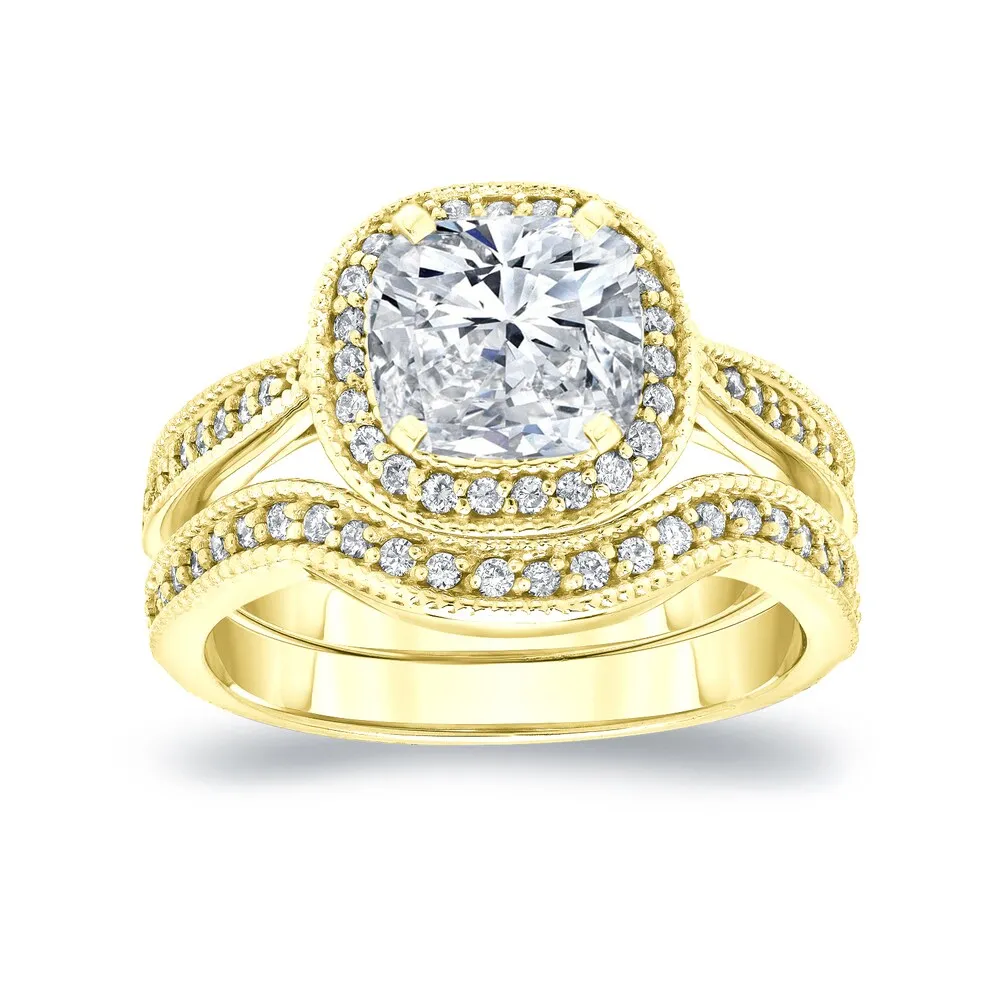 Auriya 14k Gold 1 1/2ctw Vintage Cushion-cut Halo Diamond Engagement Ring Set sold by Zulily product image thumbnail 2