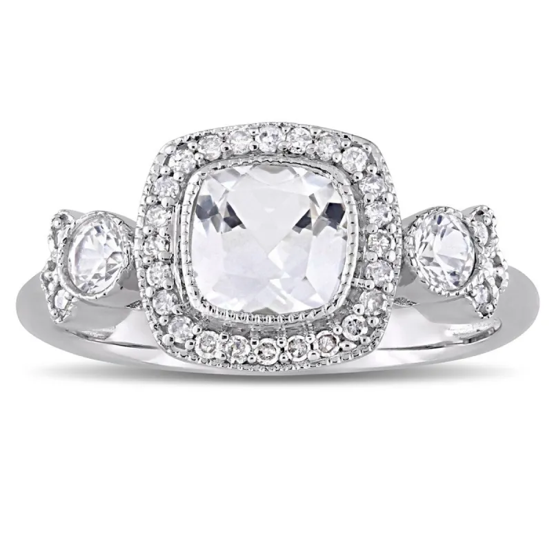 Miadora Signature Collection 10k White Gold Created White Sapphire and 1/6ct TDW Diamond Vintage 3-Stone Halo Engagement Ring sold by Zulily