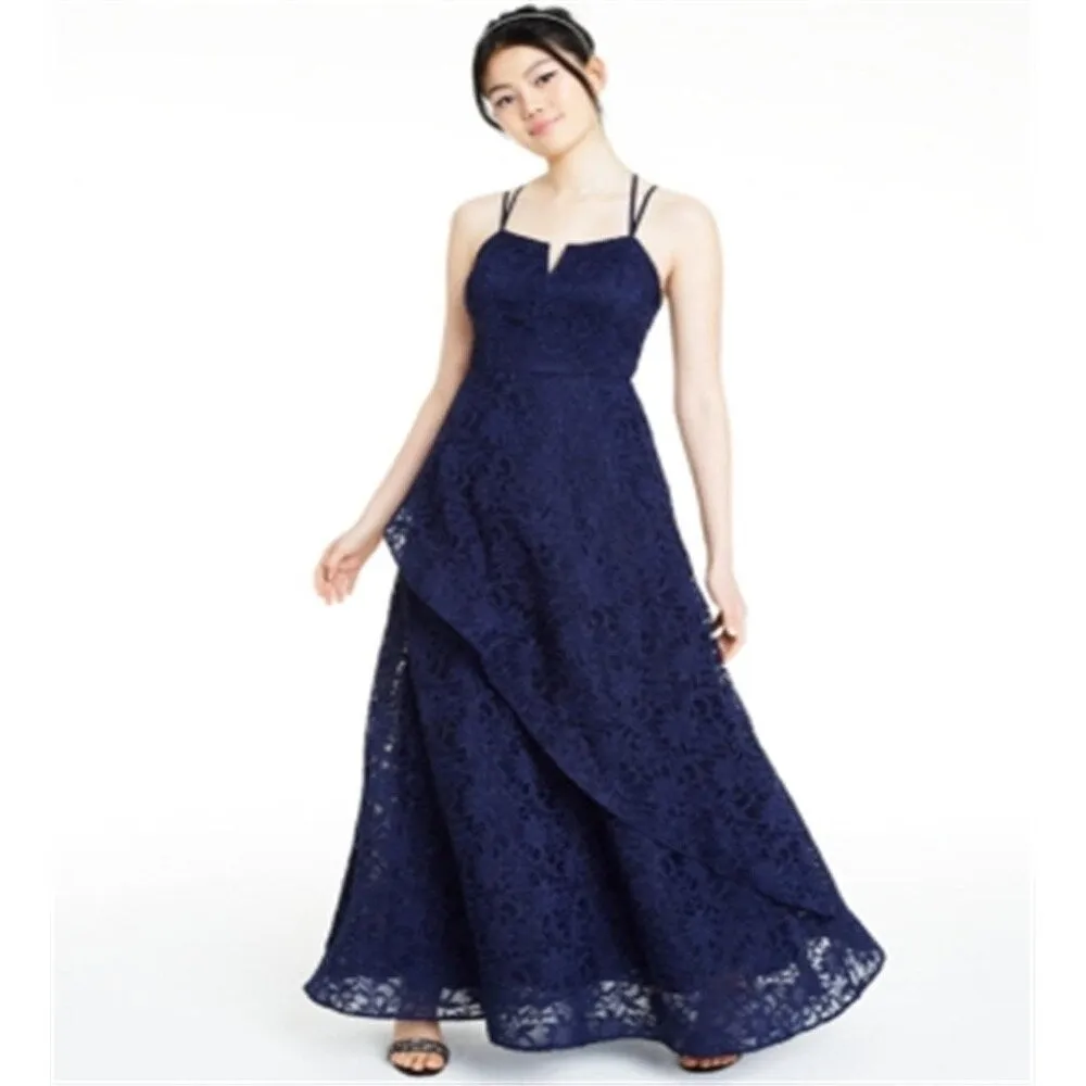 BCX Women's Glitter Floral Spaghetti Strap V Neck Full Length Fit Flare Formal Dress Blue Size 1 sold by Zulily product image thumbnail 2