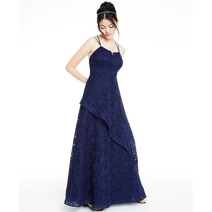 BCX Women's Glitter Floral Spaghetti Strap V Neck Full Length Fit Flare Formal Dress Blue Size 1 sold by Zulily