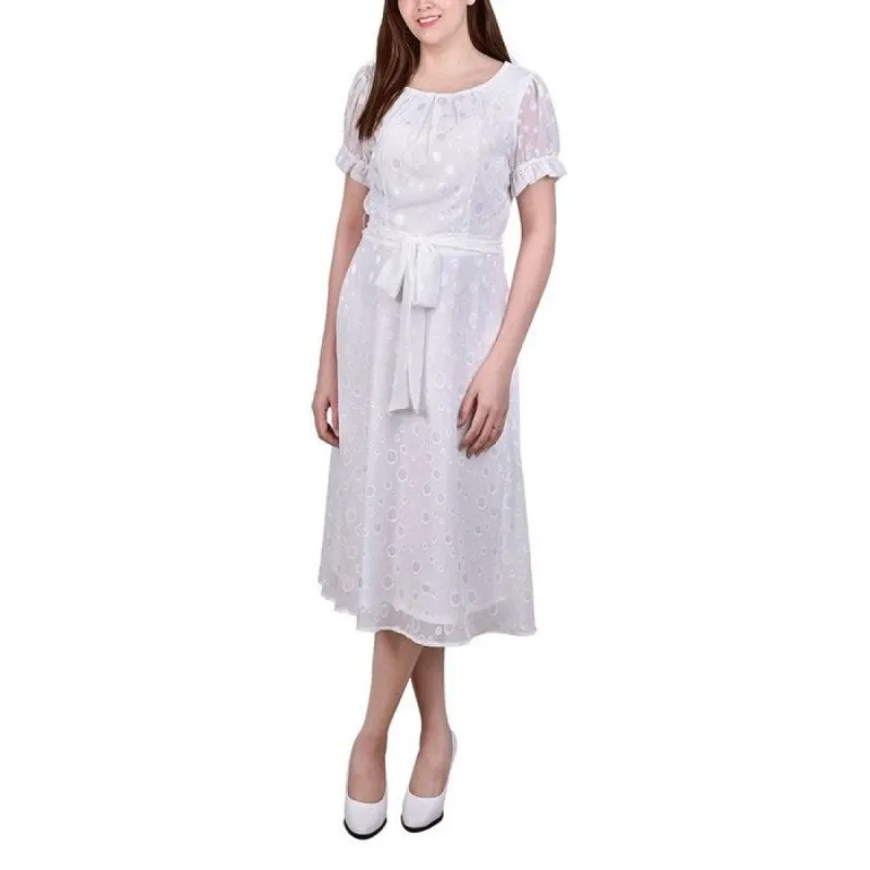 NY Collection Women's Short Sleeve Belted Swiss Dot Dress White Size Small sold by Zulily