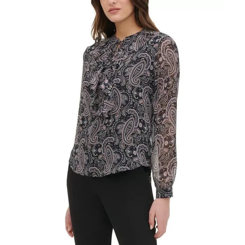 Tommy Hilfiger Women's Lone Sleeve Ruffle Front Blouse Multi Charcoal Size X-Small sold by Zulily
