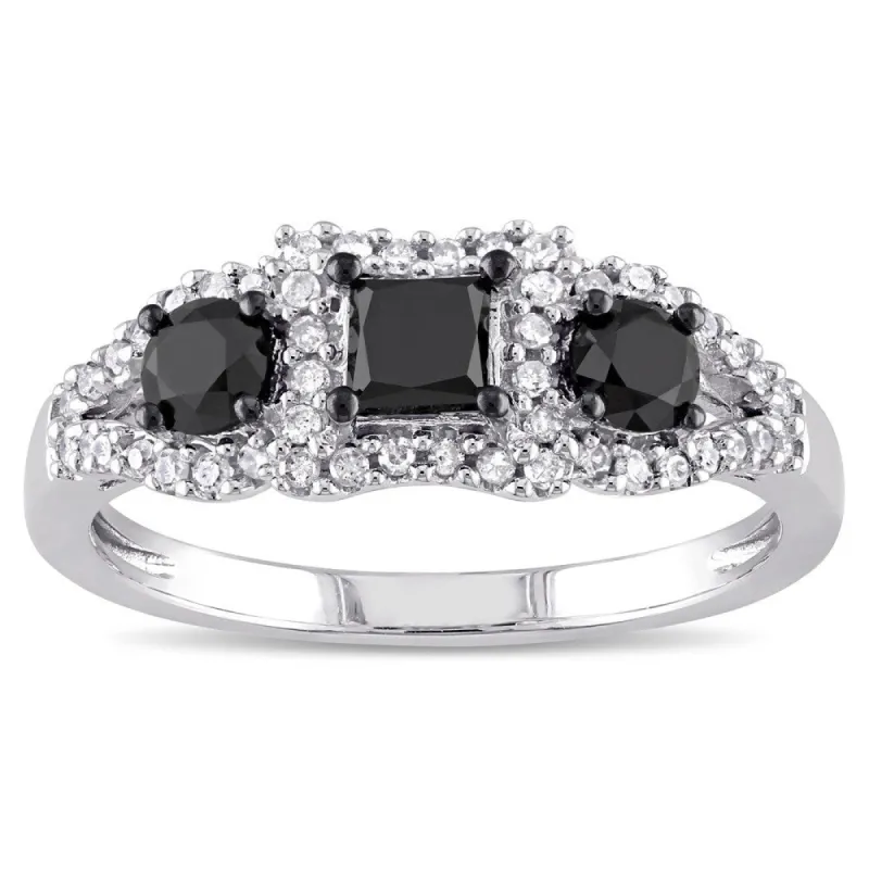 Miadora 10k White Gold 1ct TDW Black and White Diamond 3-stone Halo Ring sold by Zulily
