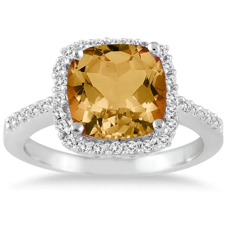 2 1/2 Carat Cushion Cut Citrine and Diamond Ring 14K White Gold sold by Zulily