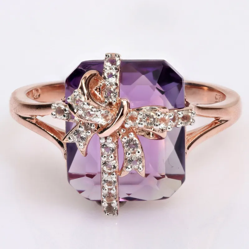 Miadora Octagon Amethyst & White Topaz Bow Split Shank Cocktail Ring in Rose Plated Sterling Silver sold by Zulily