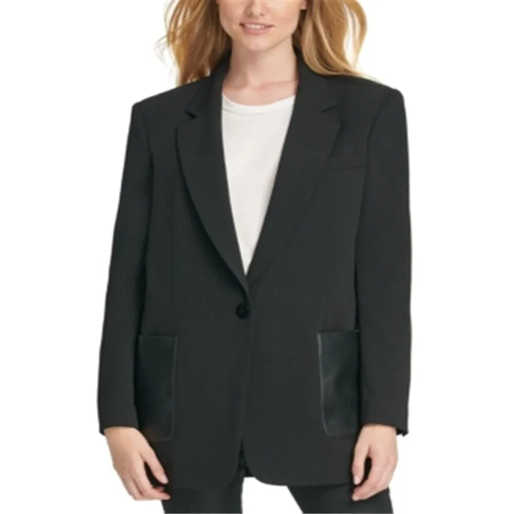 DKNY Women's Faux Leather Trim Office One Button Blazer Black Size 4 sold by Zulily
