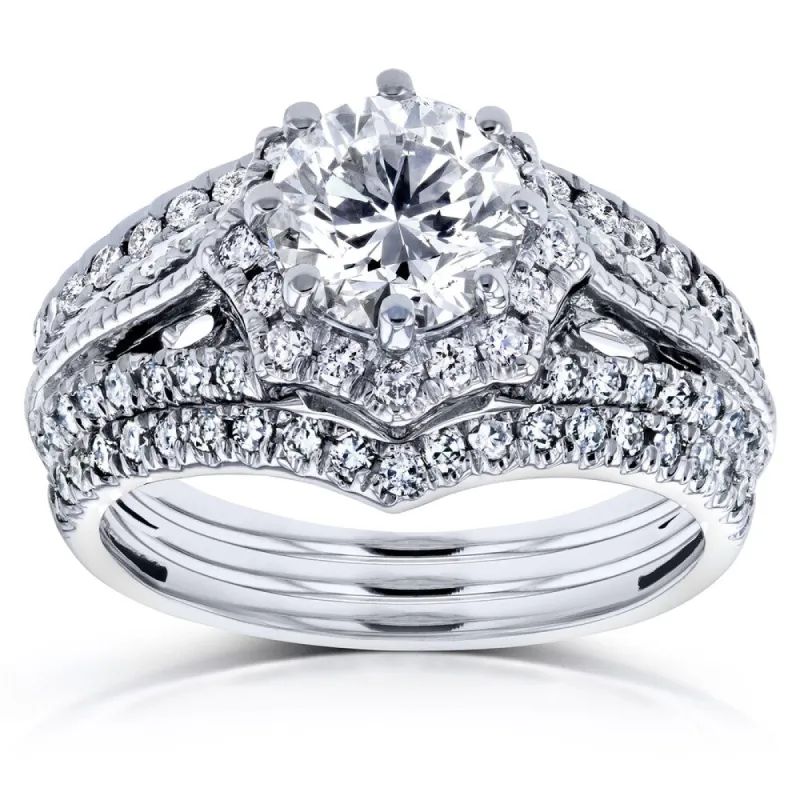 Annello by Kobelli 14k White Gold 1 5/8ct TDW Diamond Star Halo 3-Ring Bridal Set sold by Zulily