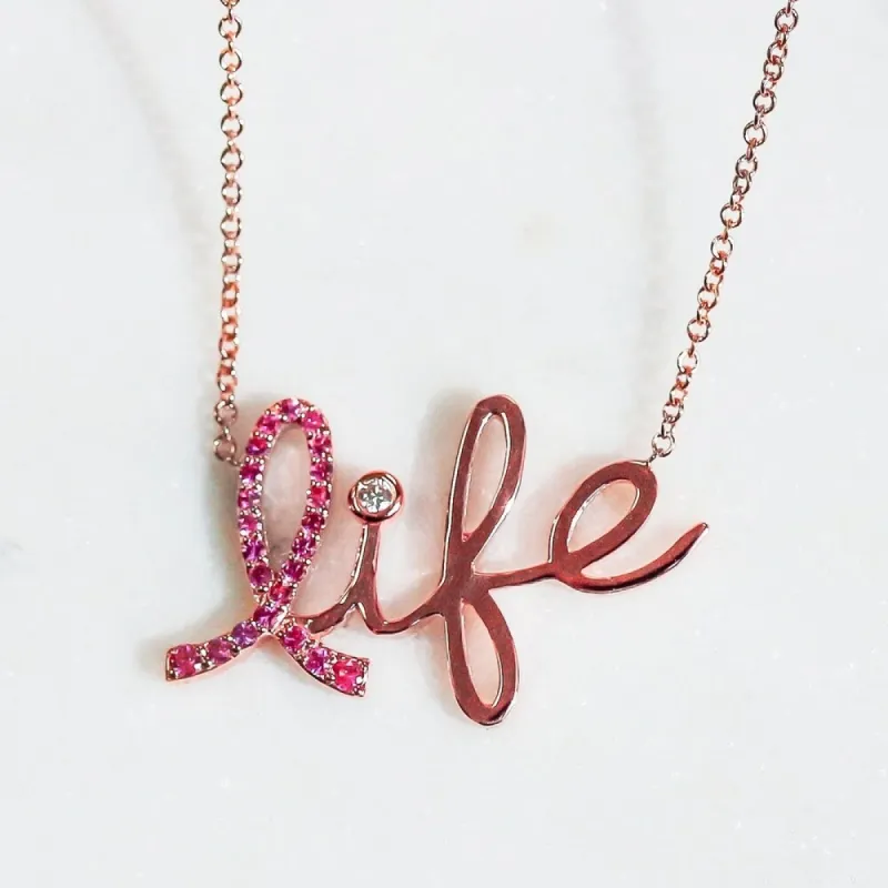 Annello by Kobelli 14k Rose Gold Breast Cancer Awareness Pink Sapphire and Diamond Accent 'Life' Necklace sold by Zulily
