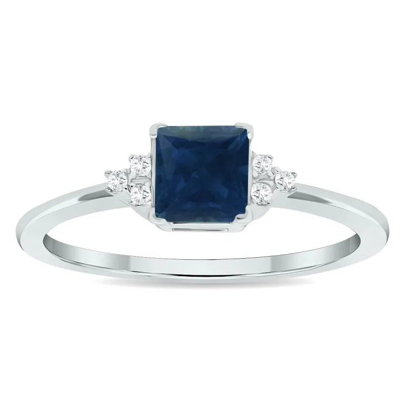 Women's Princess Cut Sapphire and Diamond Half Moon Ring in 10K White Gold sold by Zulily