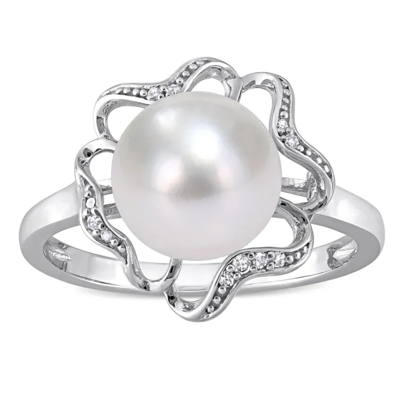 Miadora Sterling Silver Cultured Freshwater Pearl and Diamond Accent Floral Cocktail Ring (9-9.5 mm) sold by Zulily
