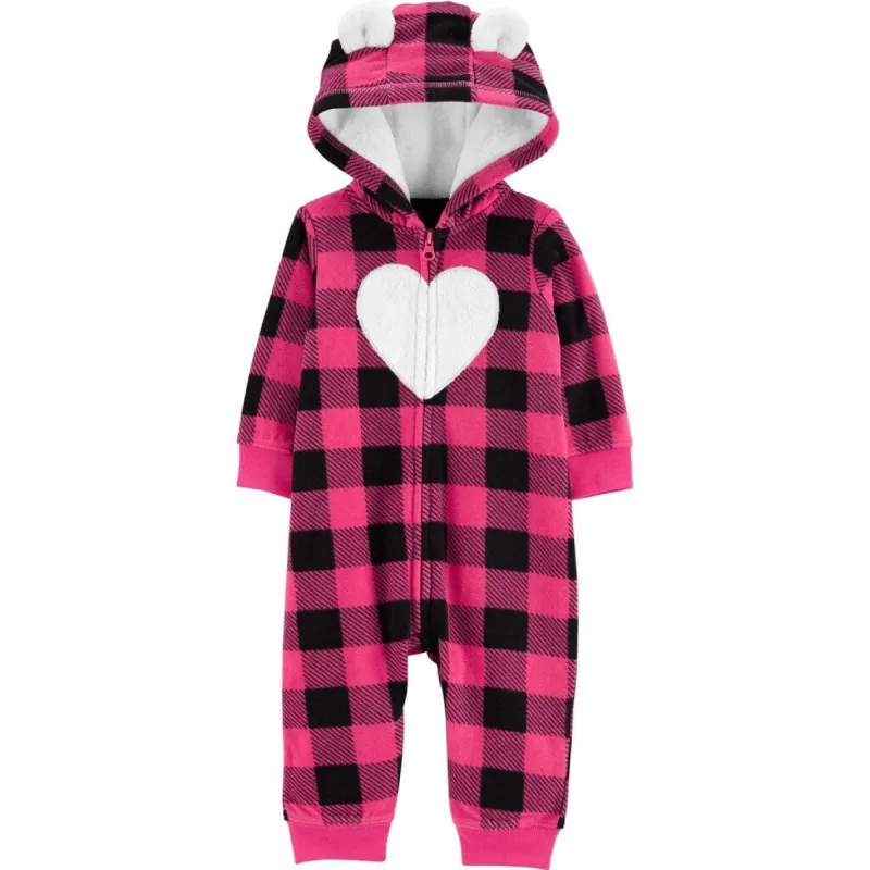 Carter's Girl's Jumpsuits Plaid Buffalo Check Heart Hooded Fleece Playsuit Pink Size 3MOS - 3 Months made by Carter's