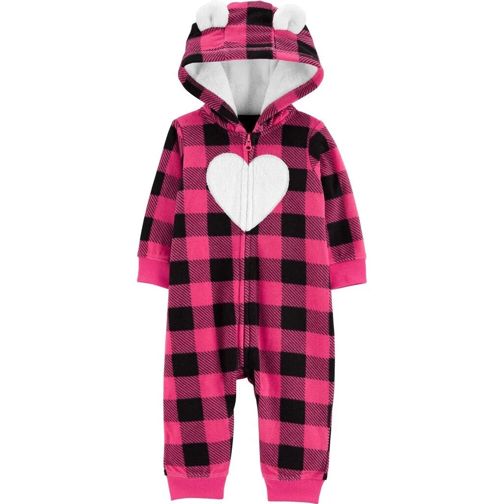 Carter's Girl's Jumpsuits Plaid Buffalo Check Heart Hooded Fleece Playsuit Pink Size 3MOS - 3 Months sold by Zulily