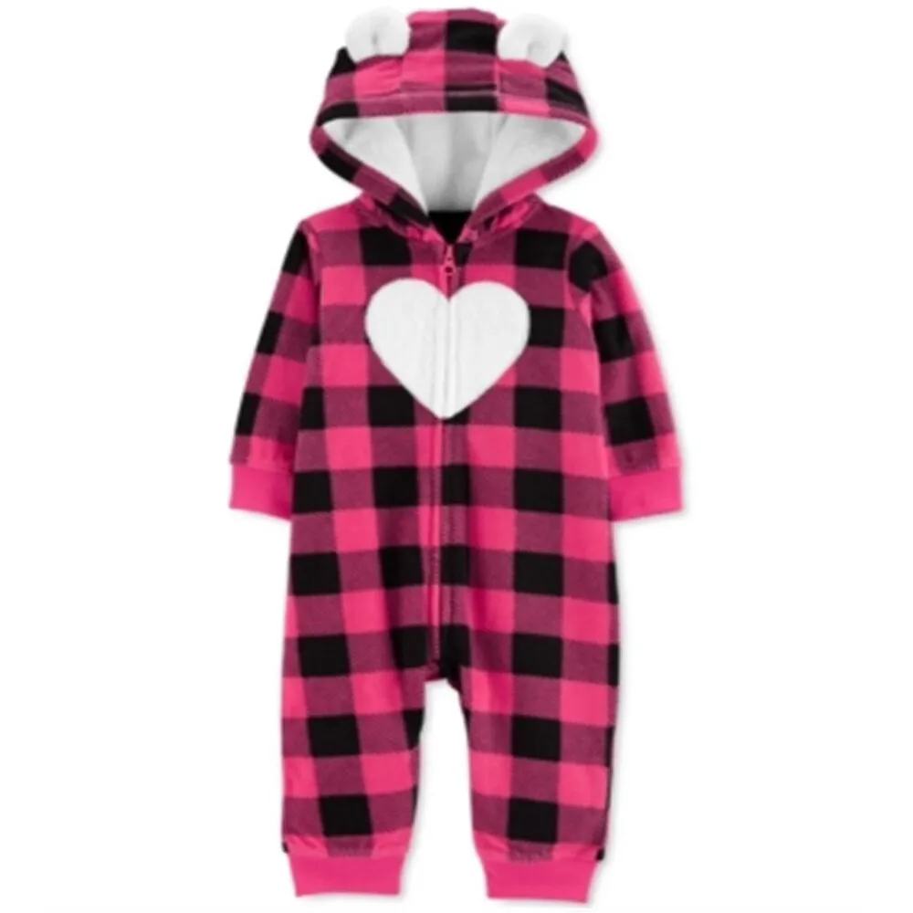 Carter's Girl's Jumpsuits Plaid Buffalo Check Heart Hooded Fleece Playsuit Pink Size 3MOS - 3 Months sold by Zulily product image thumbnail 3
