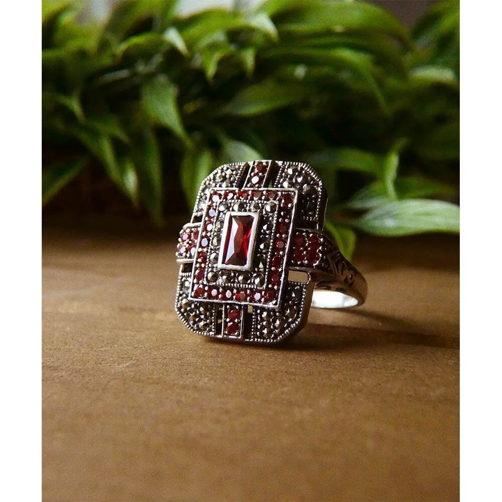 Tang & Song Sterling Silver Ring Art Deco Red CZ and Marcasite Stones sold by Zulily