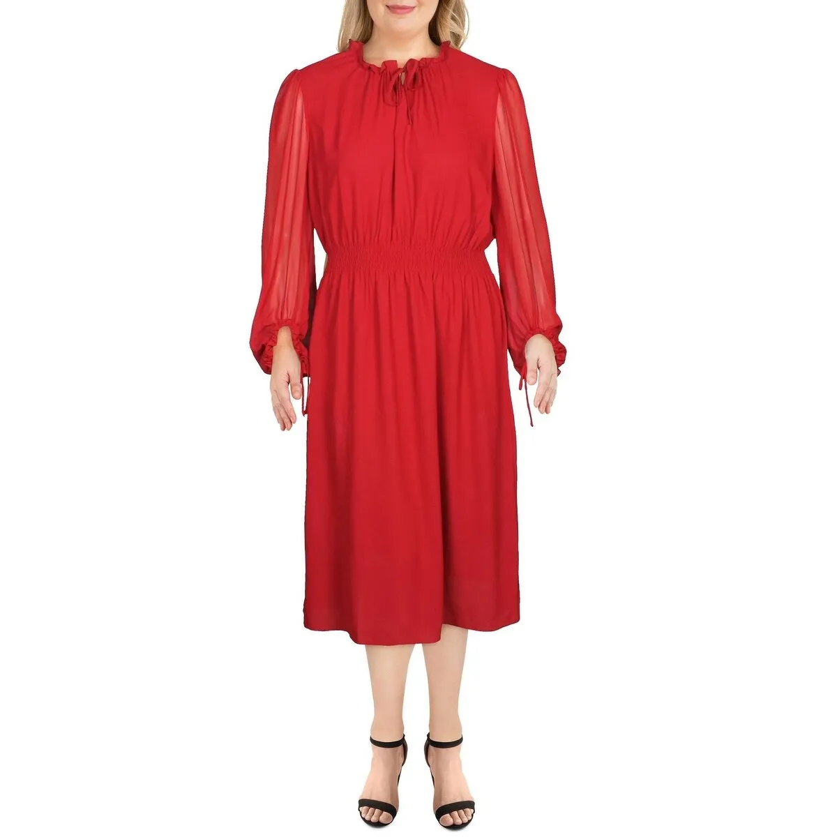 Anne Klein Women's Smocked Ruched MIDI Dress Red Size 2XL sold by Zulily