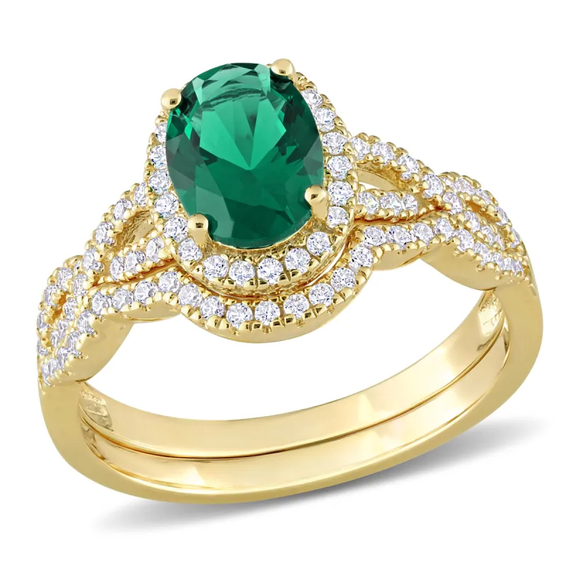 Miadora 3 1/6ct TGW Oval-Cut Green and White Cubic Zirconia Halo Ring Set In Yellow Silver made by Zulily