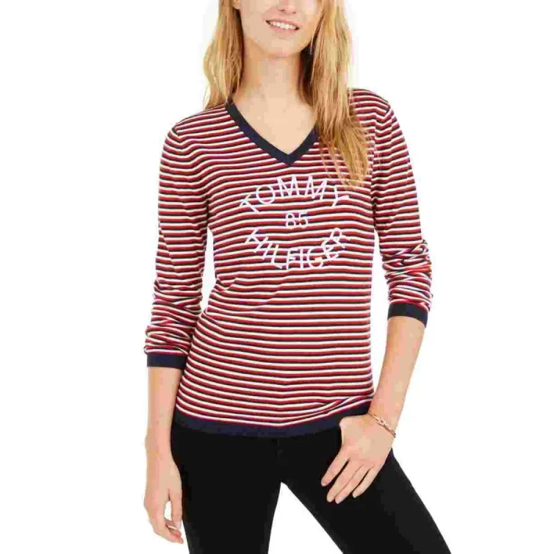 Tommy Hilfiger Women's Cotton Striped V-Neck Sweater White Size X-Small sold by Zulily