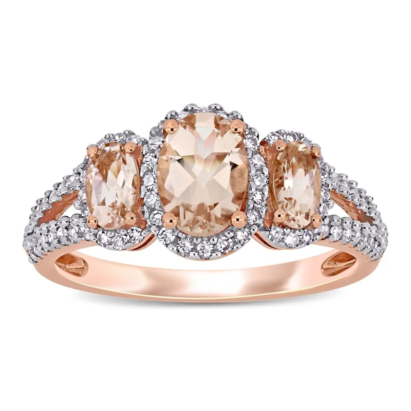 Miadora 14k Rose Gold Oval-cut Morganite and 1/3ct TDW Diamond 3-Stone Halo Engagement Ring sold by Zulily