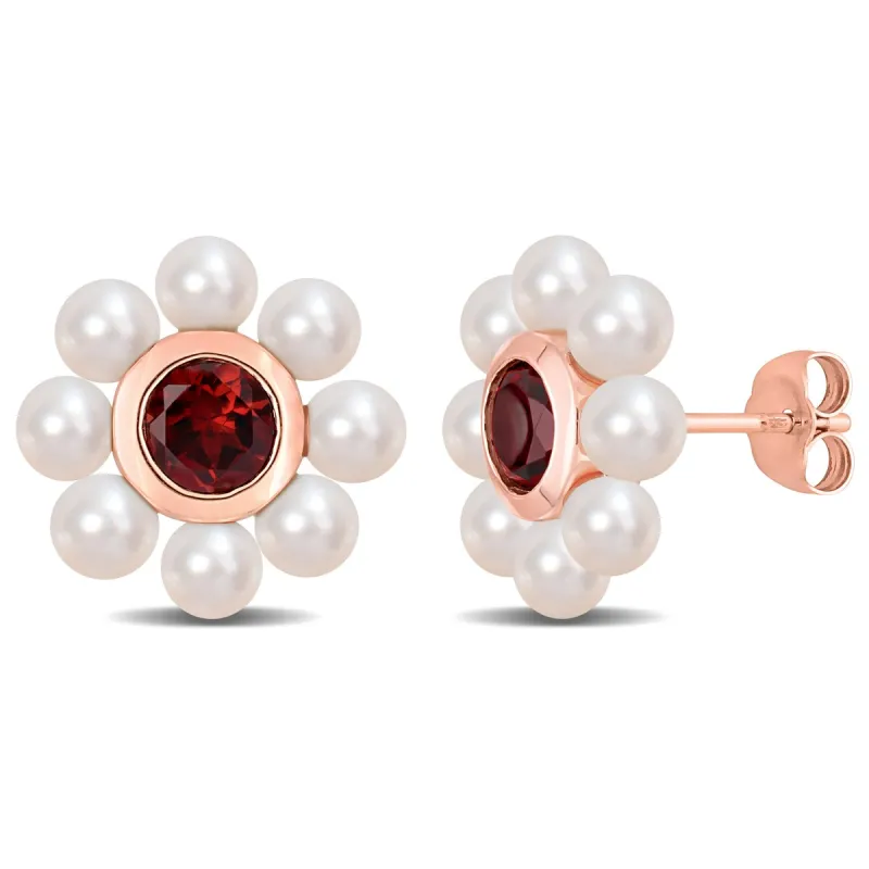 Miadora 3.5-4mm Cultured Freshwater Pearl and 1 1/5ct TGW Garnet Floral Stud Earrings in 10k Rose Gold sold by Zulily