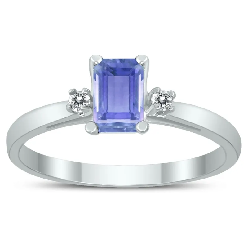 Emerald Cut 6X4MM Tanzanite and Diamond Three Stone Ring in 10K White Gold sold by Zulily