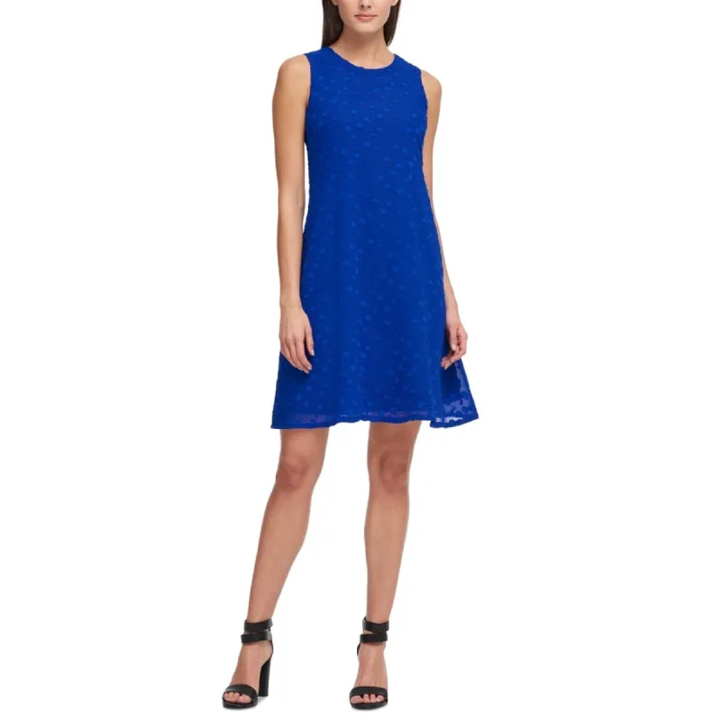 DKNY Women's Stretch Textured Zippered Chiffon Polka Dot Sleeveless Crew Neck Dress Blue Size 10 made by DKNY