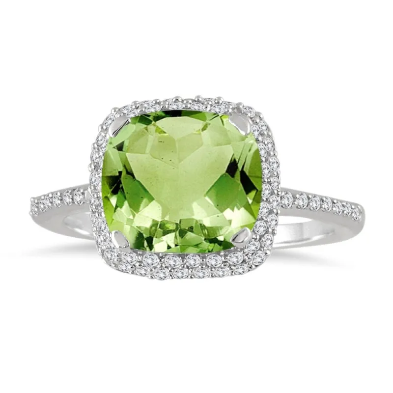 Cushion Cut Peridot and Diamond Halo Ring in 10K White Gold sold by Zulily