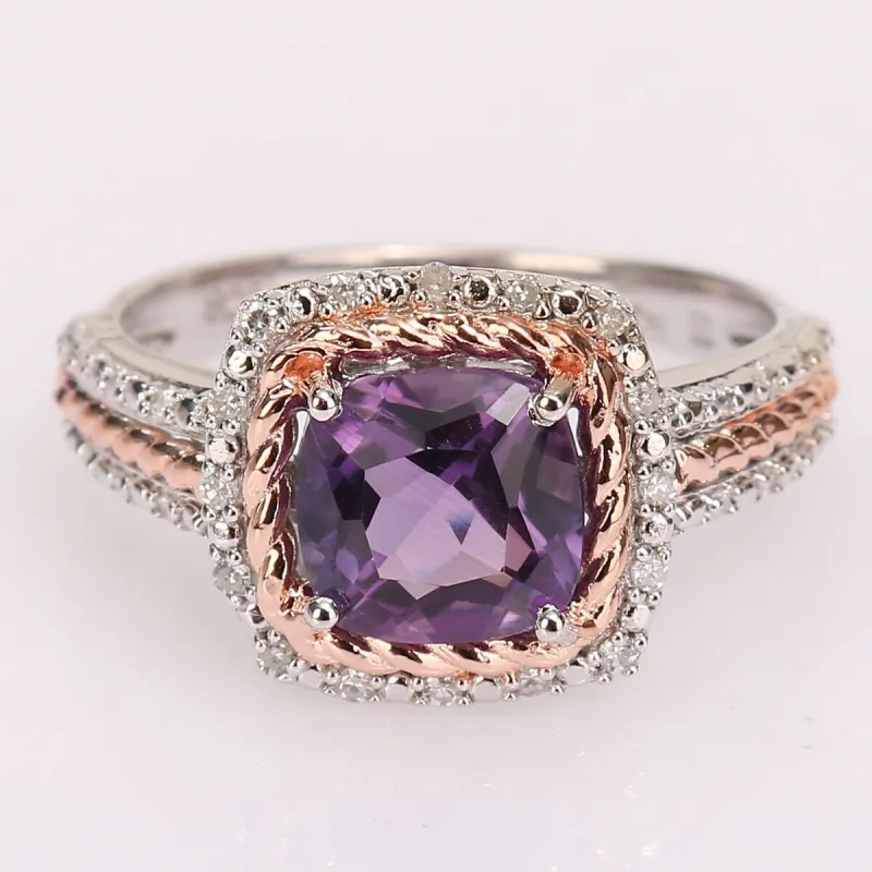 Miadora 2-Tone Sterling Silver Cushion-cut Amethyst & 1/6ct TDW Diamond Multi-row Halo Engagement Ring sold by Zulily