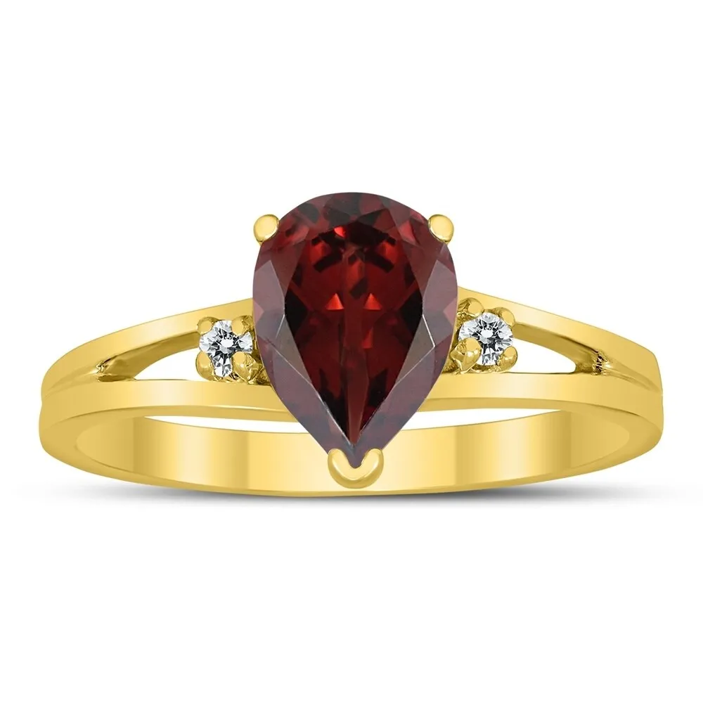 8X6MM Garnet and Diamond Pear Shaped Open Three Stone Ring in 10K Yellow Gold sold by Zulily