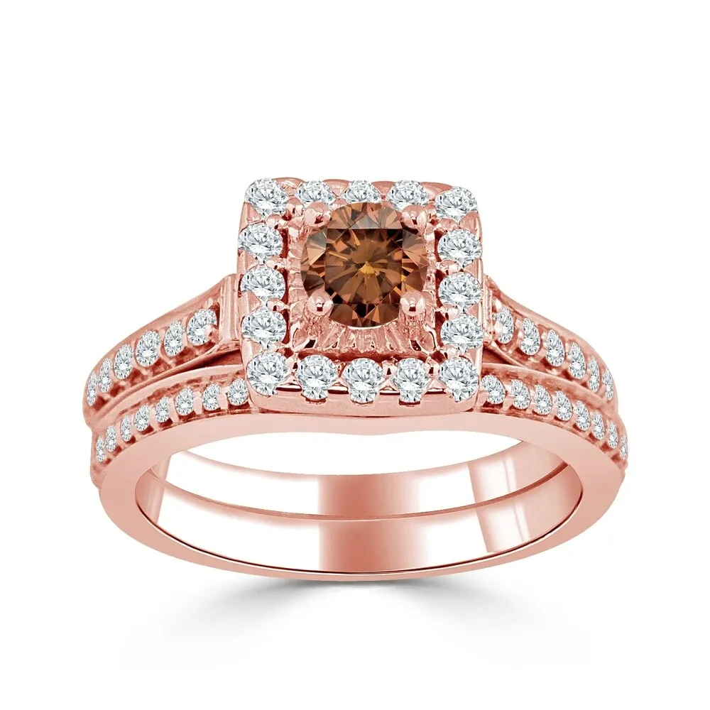 14k Gold Round 1ct TDW Brown Diamond Halo Engagement Ring Set by Auriya sold by Zulily product image thumbnail 3