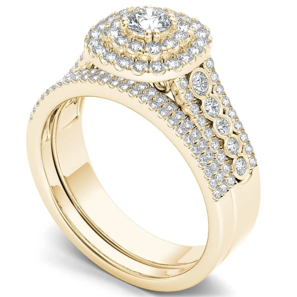De Couer IGI Certified 10k Yellow Gold 1ct TDW Diamond Double Halo Engagement Ring Set with One Band sold by Zulily product image thumbnail 2