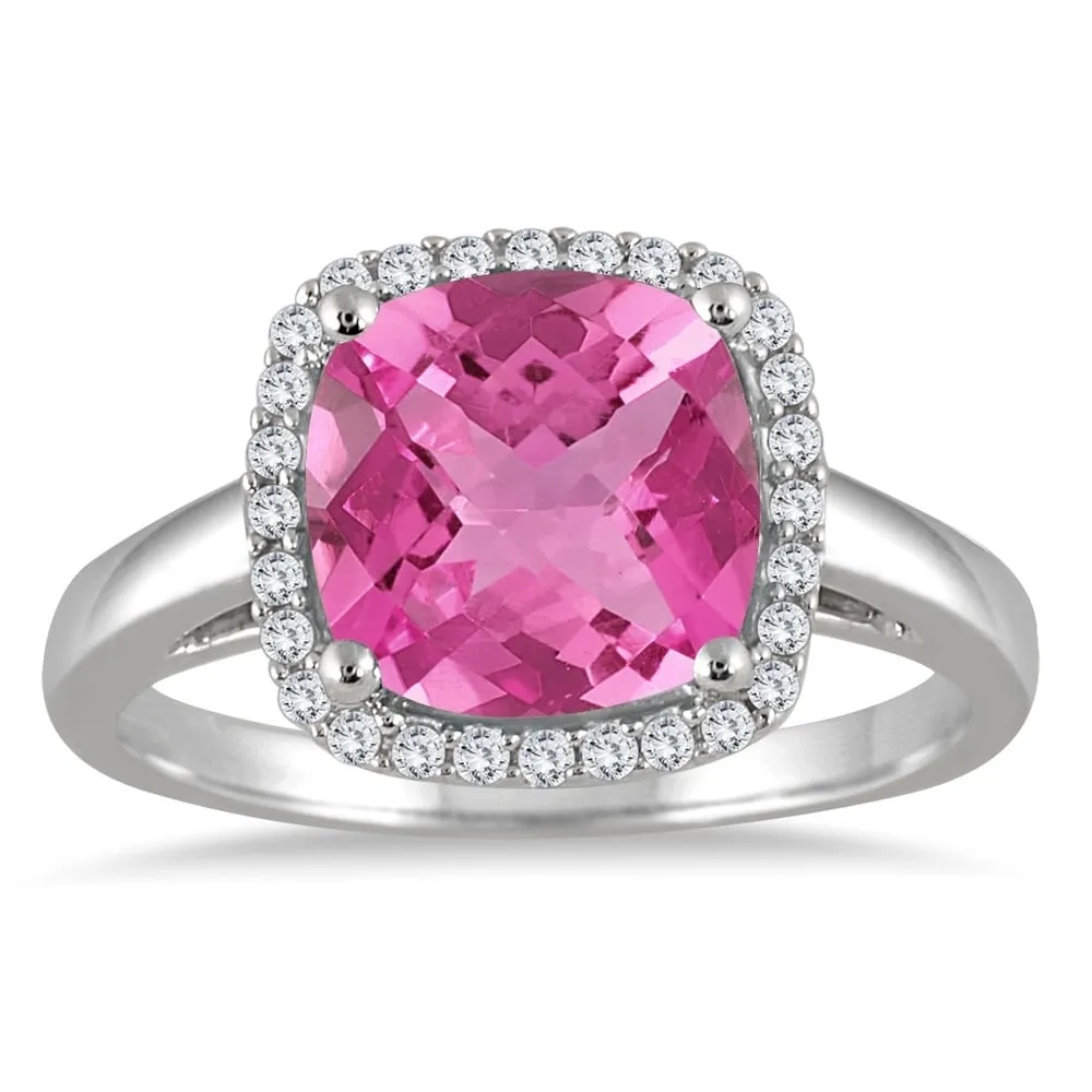3 1/2 Carat Cushion Cut Pink Topaz and Diamond Halo Ring in 10K White Gold sold by Zulily