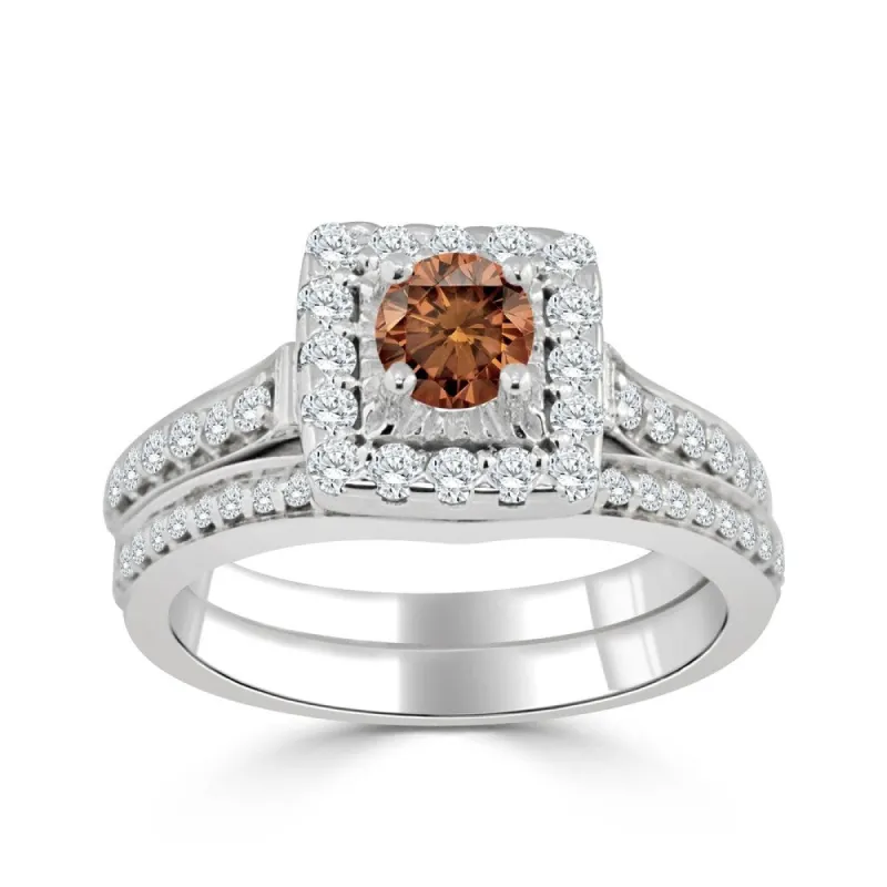 14k Gold Round 1ct TDW Brown Diamond Halo Engagement Ring Set by Auriya sold by Zulily