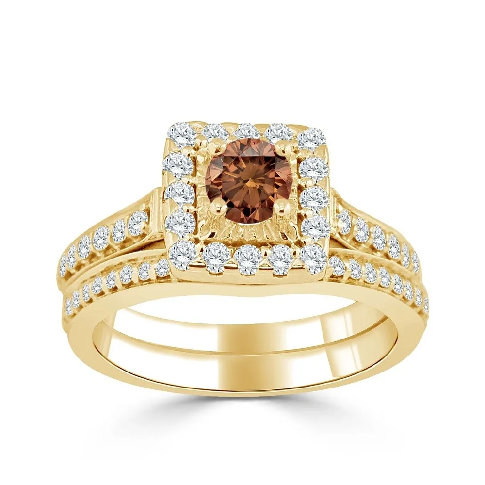 14k Gold Round 1ct TDW Brown Diamond Halo Engagement Ring Set by Auriya sold by Zulily product image thumbnail 2