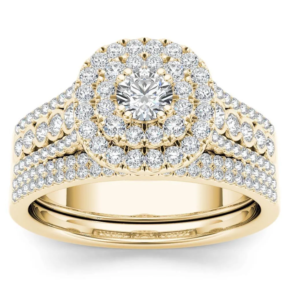 De Couer IGI Certified 10k Yellow Gold 1ct TDW Diamond Double Halo Engagement Ring Set with One Band sold by Zulily