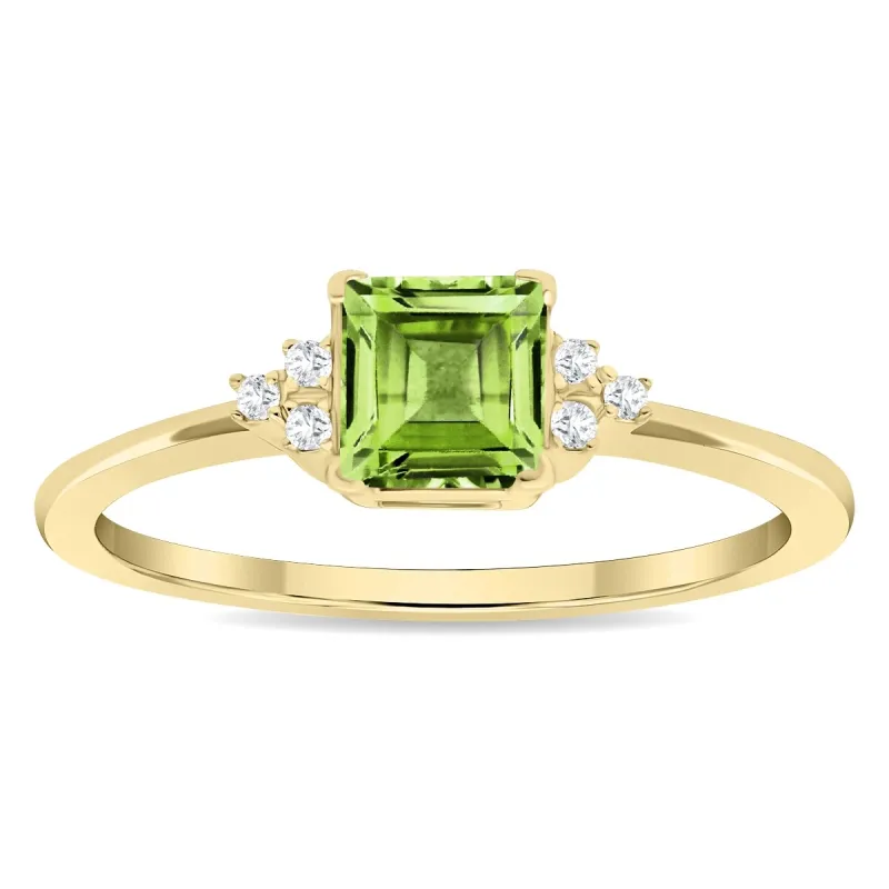 Women's Square Shaped Peridot and Diamond Half Moon Ring in 10K Yellow Gold sold by Zulily