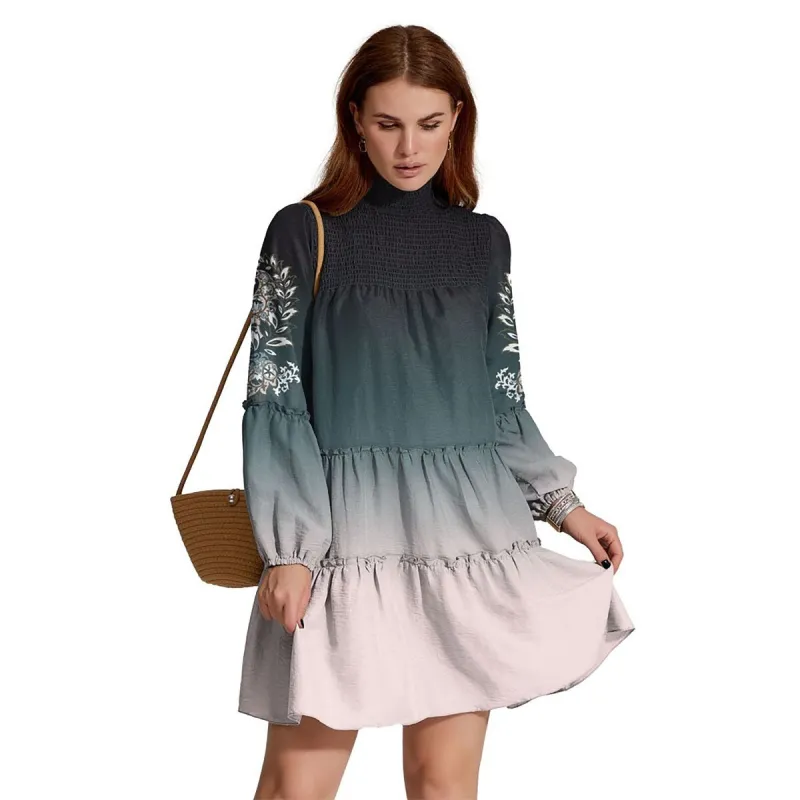 Black & Teal Ombre & Floral Print Smocked Turtleneck Balloon Sleeve Mini Dress sold by Zulily