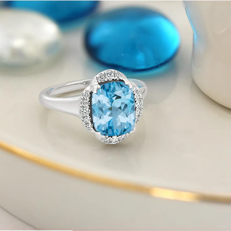 Auriya 4ct Cushion-cut Sky Blue Topaz Halo Diamond Engagement Ring 1/8ctw 14k Gold sold by Zulily