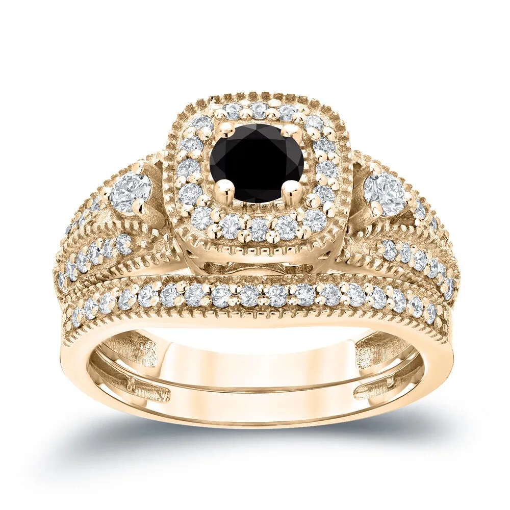 Auriya Vintage Milgrain 3/4ctw Round Halo Black Diamond Engagement Ring Set 14k Gold sold by Zulily product image thumbnail 2