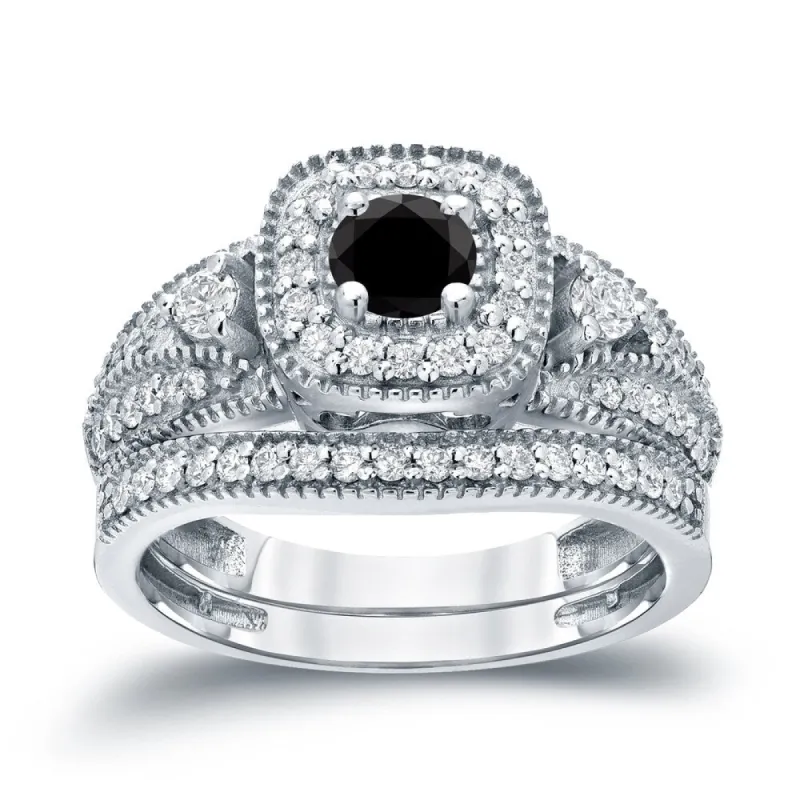 Auriya Vintage Milgrain 3/4ctw Round Halo Black Diamond Engagement Ring Set 14k Gold sold by Zulily