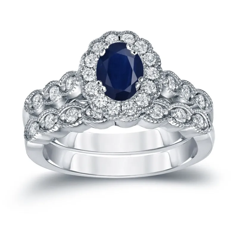 Auriya 14k Gold 1ct Oval Cut Blue Sapphire and 3/5ct TDW Diamond Halo Bridal Ring Set (H-I, SI1-SI2) sold by Zulily